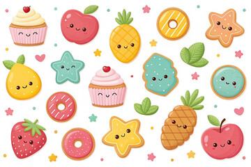 Cute food cartoon icons; pastry, fruit, dessert; white background; children's book illustration