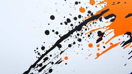 Abstract orange and black paint splatters on white background, dynamic design element for website or print