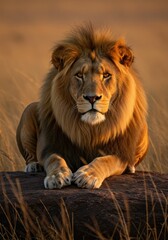Obraz premium Majestic Lion Resting on a Rocky Outcrop Under Golden Sunset Light