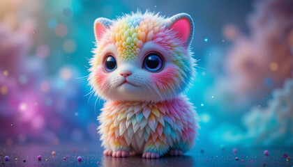 Adorable, digitally created fluffy kitten with rainbow-colored, scale-like fur sitting on a surface adorned with colorful beads, set against a dreamy, bokeh background