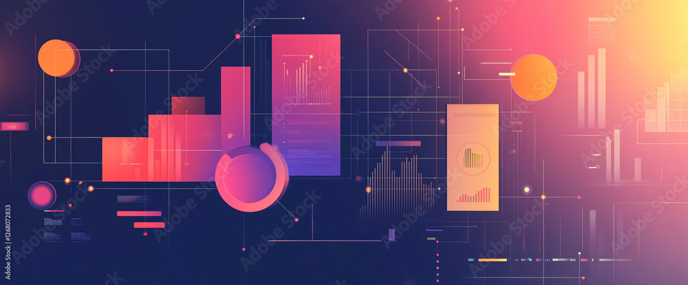 Poster Abstract data visualization with colorful graphs, charts, and geometric shapes, symbolizing data analysis, technology, and business insights in a modern and digital concept.