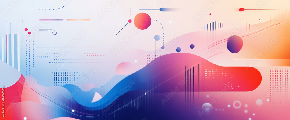 Poster Abstract design with vibrant red, blue, and orange shapes and lines, symbolizing digital data, technology, and innovation with flowing geometric patterns and charts.