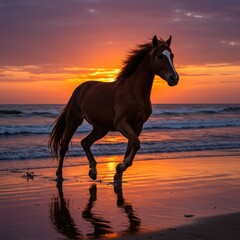 Horse running on the beach at sunset