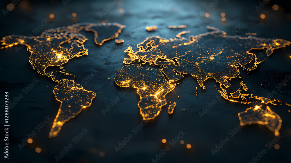 Poster global connectivity: an abstract map of the world, illuminated by a network of golden lights, symbol
