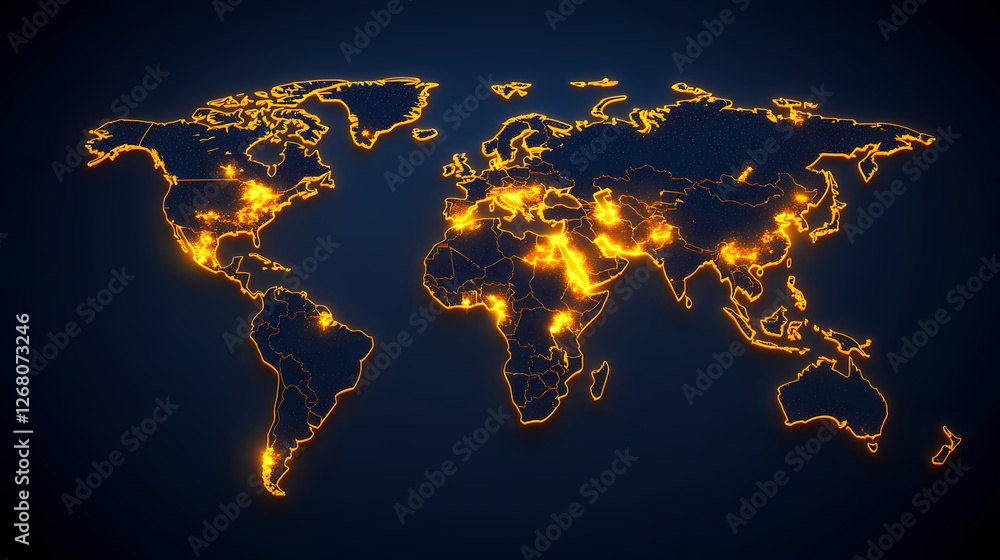 Poster glowing world map: a stylized, minimalist map of the world, depicted in a dynamic glow-in-the-dark s