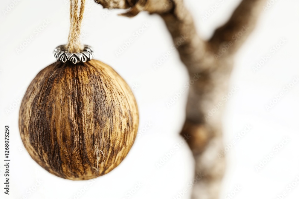 Poster close-up view of a single nut attached to a tree branch, suitable for use in illustrations or design