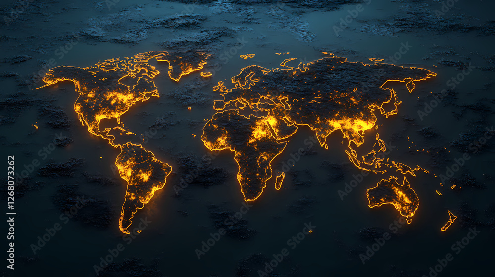 Poster global interconnectedness: a stylized map of the world illuminated with warm, glowing lights, symbol