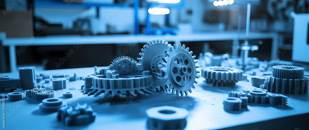 Aufkleber precision engineering: a close-up shot of intricately crafted gears and cogs in a workshop setting, 