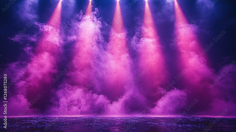 Poster a vibrant stage scene with colorful lights and fog creating an atmospheric effect.