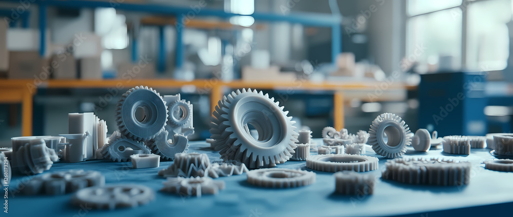 Poster 3d printing: a captivating close-up of intricate 3d printed gears and components, highlighting the p