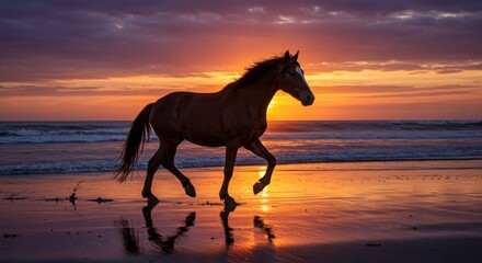 Horse running on the beach at sunset