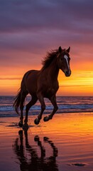 Horse running on the beach at sunset