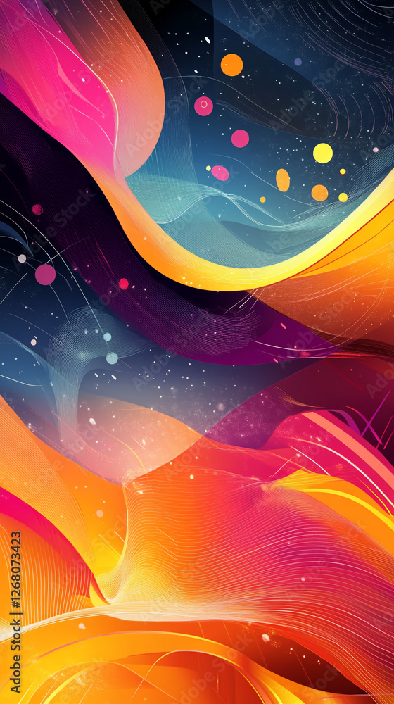 Aufkleber Abstract vibrant digital artwork with fluid colorful waves, dots, and dynamic lines representing modern digital technology, creativity, and innovation.