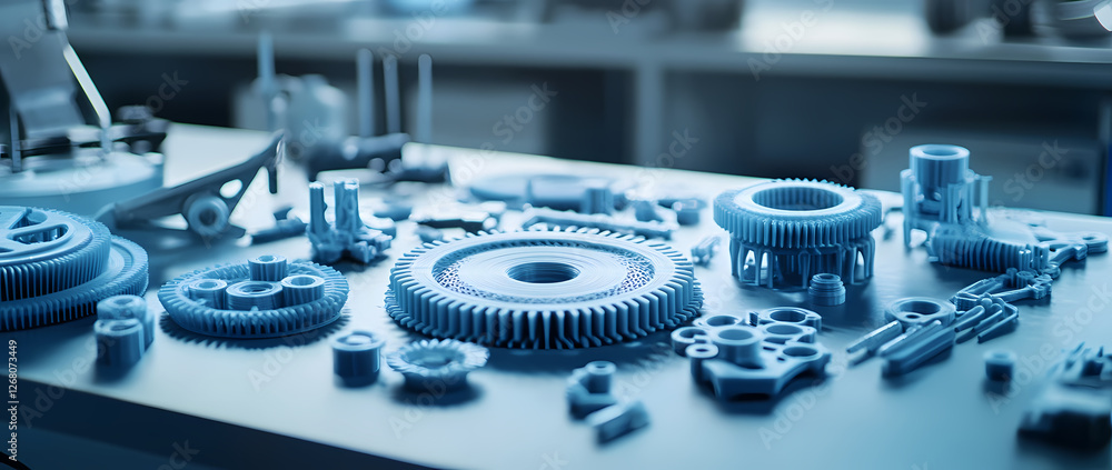 Poster blueprints of innovation: a collection of intricately designed, blue 3d printed gears and cogs scatt