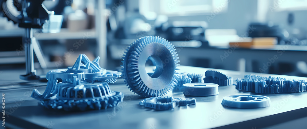 Poster 3d printed components: close-up view of various intricate, blue 3d-printed components, showcasing th