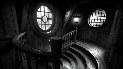 Obraz premium Black and white spiral staircase in ship's interior, portholes show stormy sea, atmospheric lighting