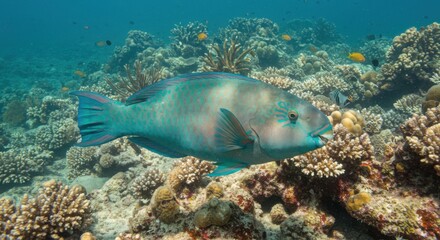 Fototapeta premium Colorful Parrotfish Gliding Through a Vibrant Coral Reef