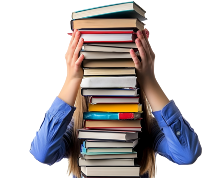 Overwhelmed schoolgirl with a tall stack of books, symbolizing learning and study challenges.
