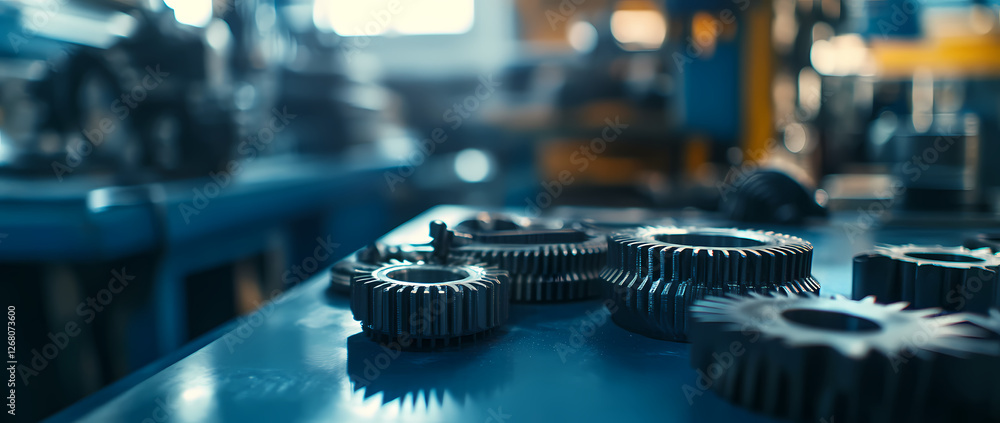 Aufkleber precision gears: close-up view of several interlocking metal gears on a blue surface, representing p