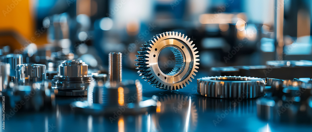 Aufkleber precision engineering components:close-up view of various metallic industrial components, including 