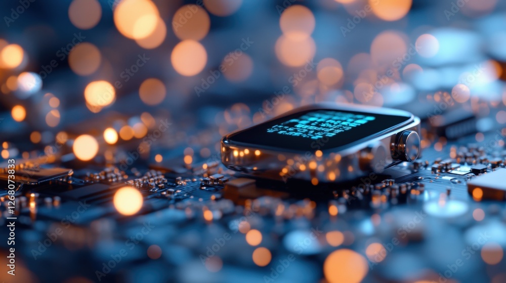 Poster smartwatch on a circuit board with bokeh lights