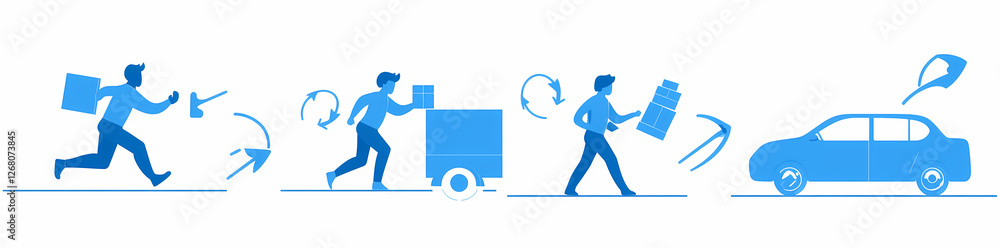 Poster Fast and Efficient Delivery: A dynamic visual representation of a seamless delivery process, featuring four stages: picking up an order, transporting it on a cart, delivery to the customer.