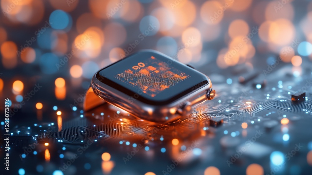 Poster modern smartwatch on circuit board with bokeh lights