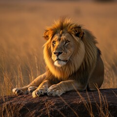 Fototapeta premium Majestic Lion Resting on a Rocky Outcrop Under Golden Sunset Light