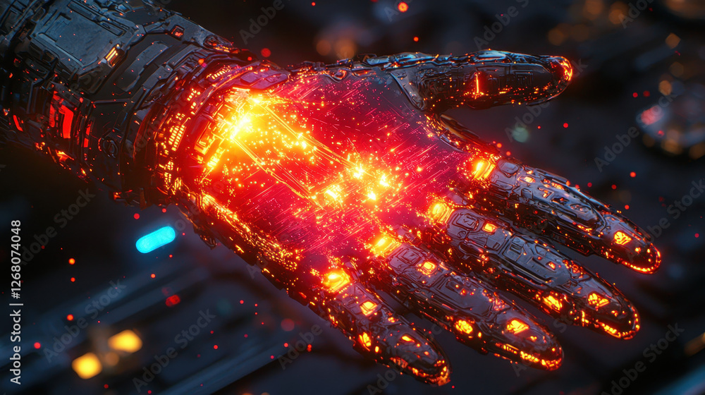 Poster person interacts with glowing digital interface using haptic gloves in a cyber environment