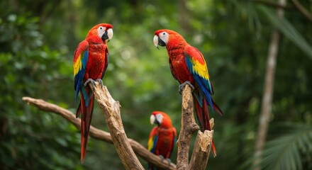 Colorful Macaws Perched in a Lush Tropical Rainforest
