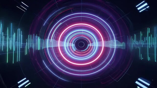 Futuristic 4K background animation neon radial circles spinning seamlessly loop featuring colorful wireframe designs suitable sci fi tech interfaces