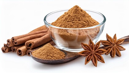 star anise cinnamon sticks and glass bowl of ground cinnamon powder isolated on white background aromatic spice for cooking and baking seasoning for autumn and winter holiday recipes