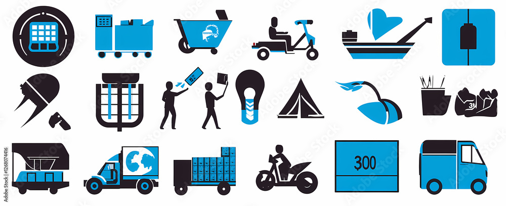 Poster blue and black icon set: a diverse set of 24 blue and black icons, representing a wide array of them