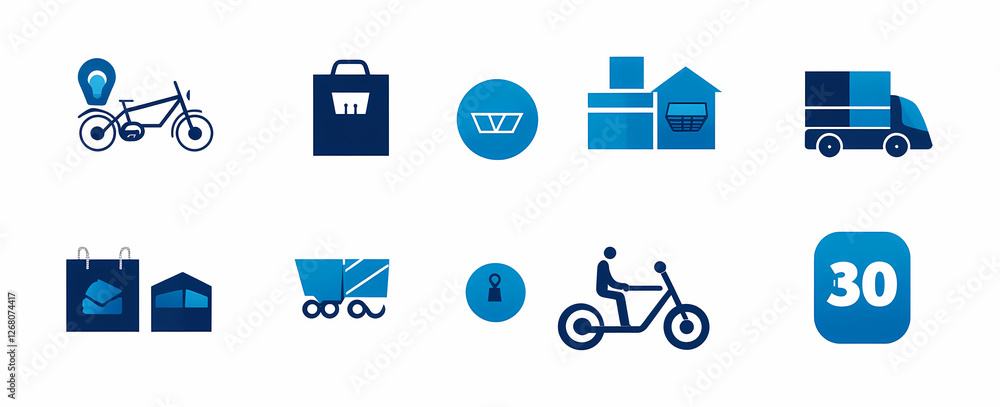 Poster delivery and logistics icons: a set of 12 flat design icons in a vibrant blue color scheme, showcasi