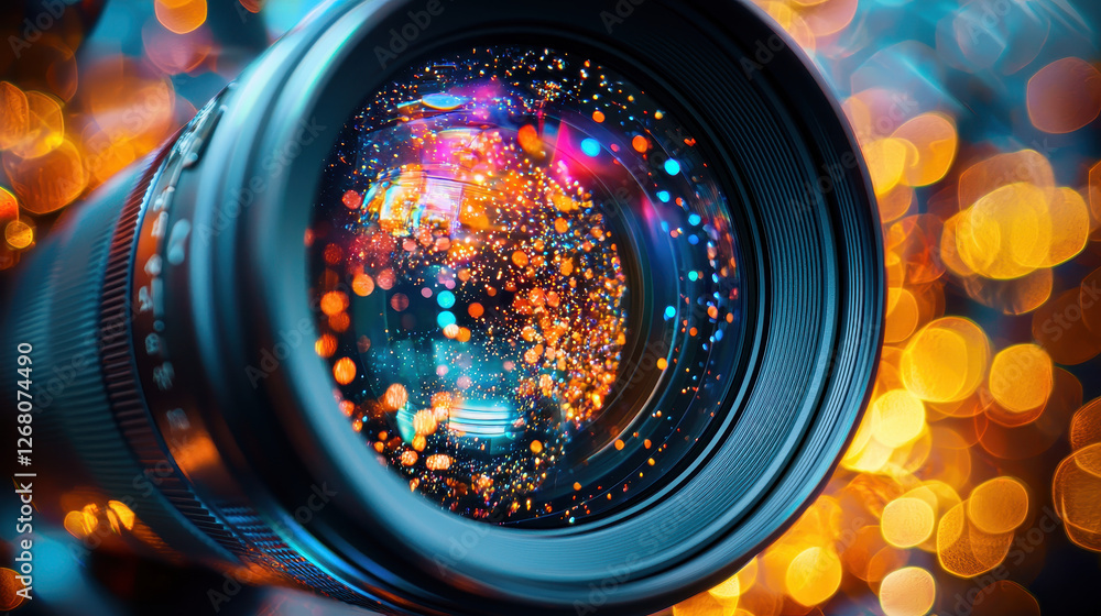 Poster close-up of a dslr camera lens with vibrant reflections and colorful lights in macro shot