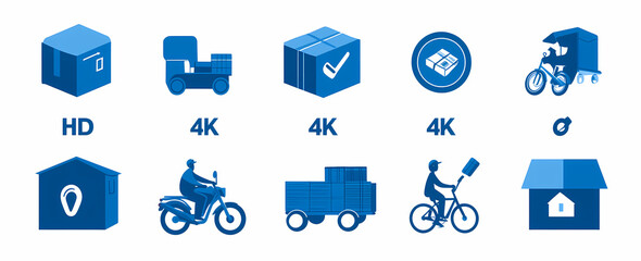 Delivery Options: A set of vector icons depicting various delivery methods, including trucks, motorcycles, bicycles, and even drones, showcasing different resolutions like HD and 4K.  These modern.