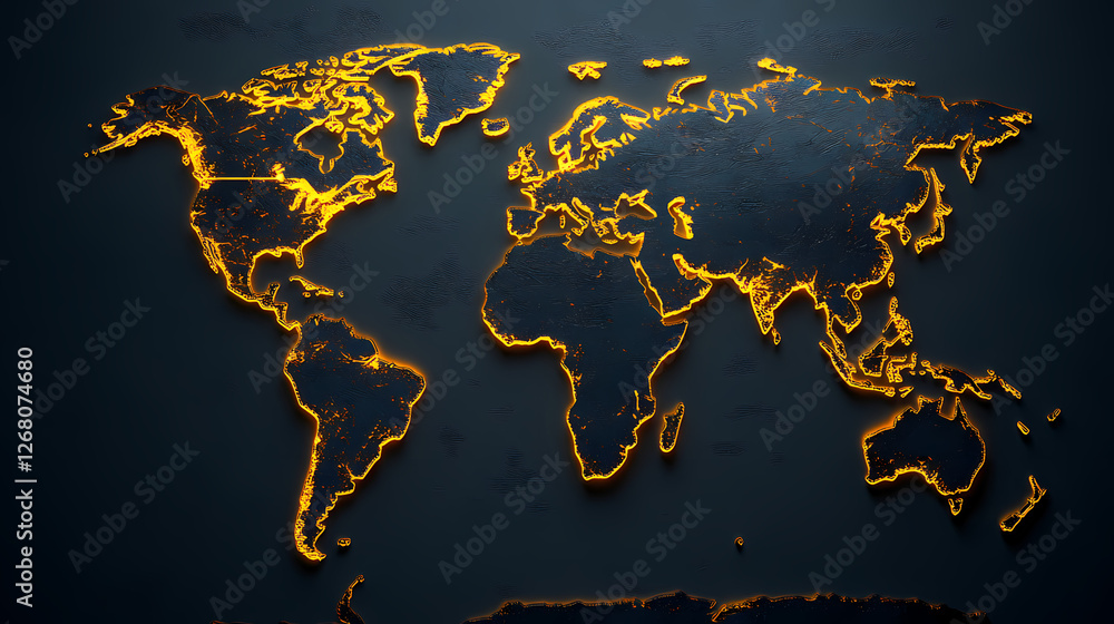 Aufkleber glowing world map: a striking digital rendering of the world map, outlined in brilliant gold, radiat