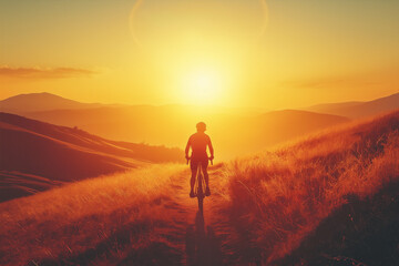 Fototapeta premium Cyclist riding on a hillside trail at sunset