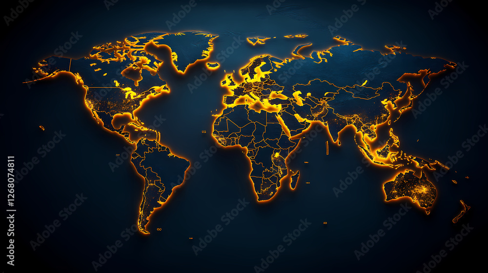 Aufkleber global network: illuminated world map, glowing lines connecting continents, symbolizing global inter