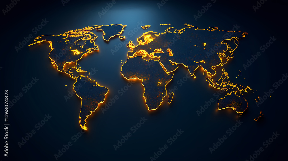 Aufkleber golden world map: a 3d rendering of a glowing golden world map on a dark blue background. the contin
