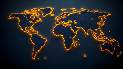 World Map with Glowing Outline: A mesmerizing world map with a vibrant, glowing orange outline against a dark blue backdrop.
