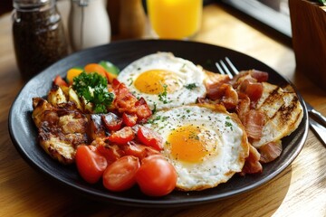 A plate of breakfast food with scrambled eggs, crispy bacon, and fresh tomatoes