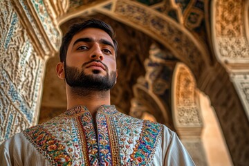 A man with a beard wearing a colorful shirt, possibly for a festive occasion or as part of a costume