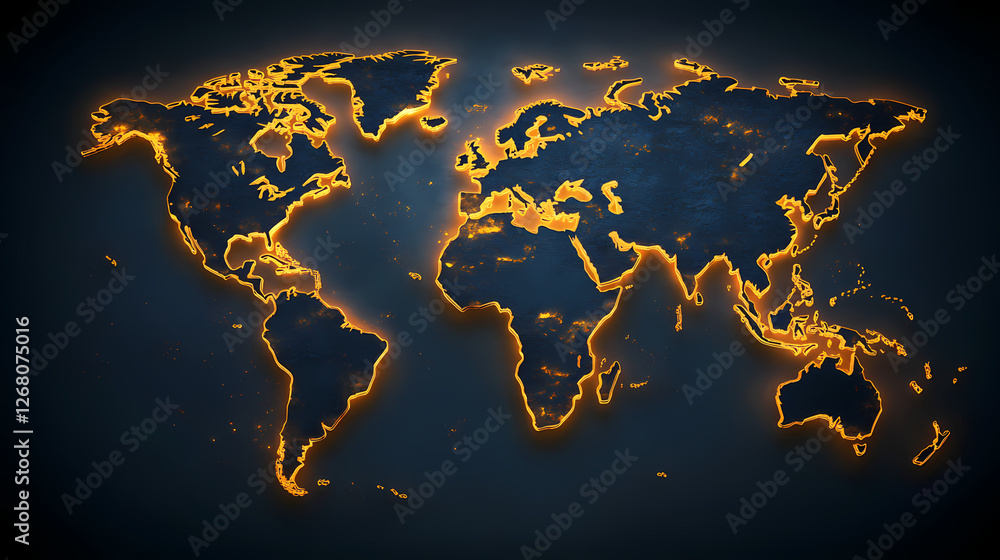 Aufkleber glowing world map: an abstract world map with a striking golden outline glows against a dark blue ba