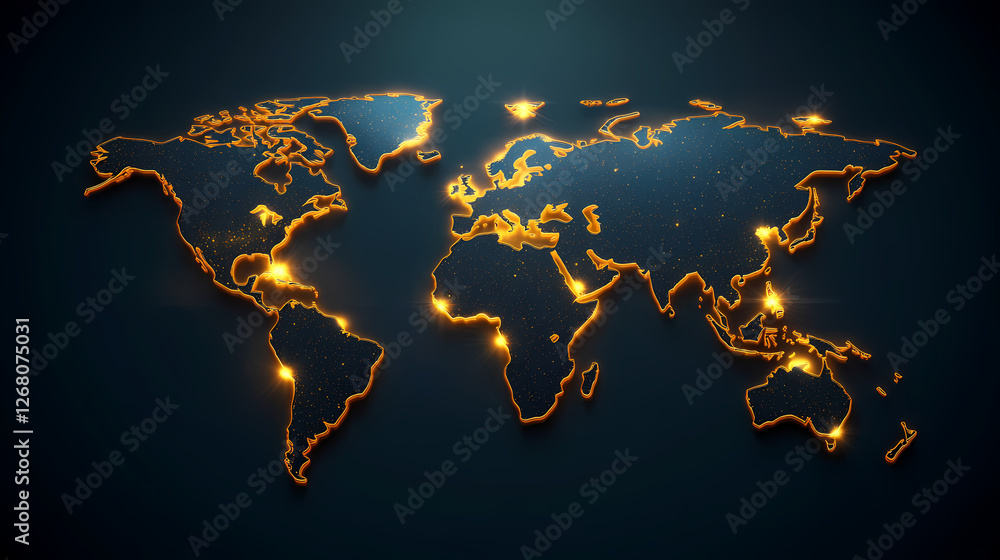 Aufkleber global connections: a stylized world map rendered in glowing gold lines against a dark blue backgrou