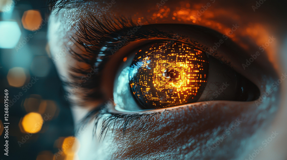 Poster robotic eye analyzes holographic security code in a neon cyber interface environment
