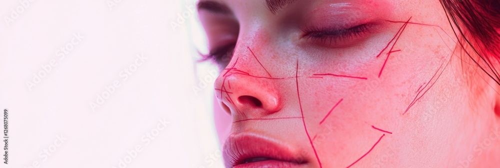 Aufkleber close up of a womans face with visible markings and stitches in a beauty treatment studio under soft