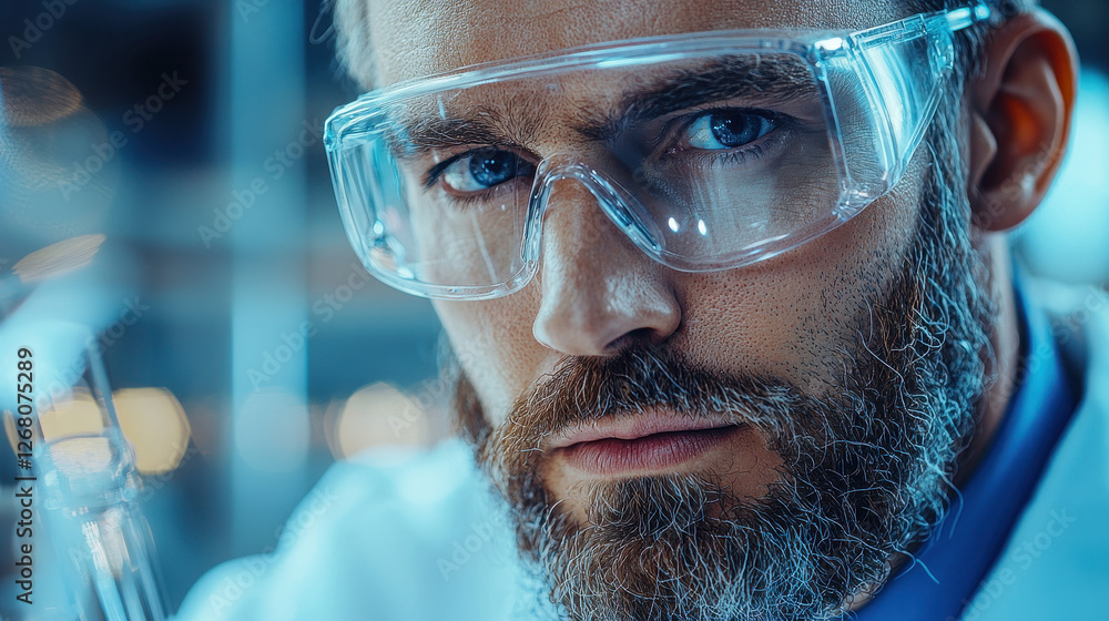 Poster close-up of scientist with goggles pipetting liquid in modern laboratory environment