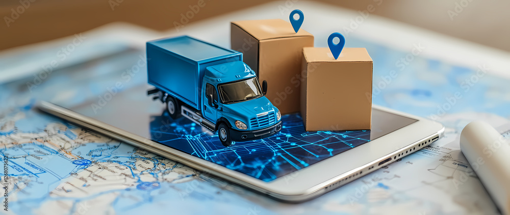 Poster tracking your delivery: a blue toy delivery truck and cardboard boxes sit atop a tablet displaying a