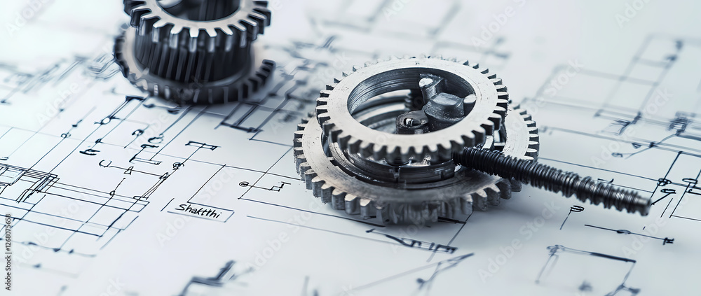 Aufkleber cogs of innovation: a close-up of intricate metal gears placed upon a blueprint, representing the vi